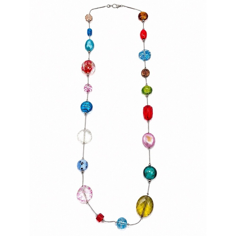 Vintage Mixed Glass Acrylic Bead Station Necklace Colorful Artisan Boho 38”